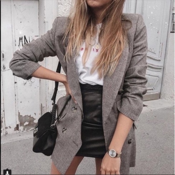 Zara Brown Checked Micro Plaid Double Breasted Overszied Blazer Size M - Picture 2 of 10